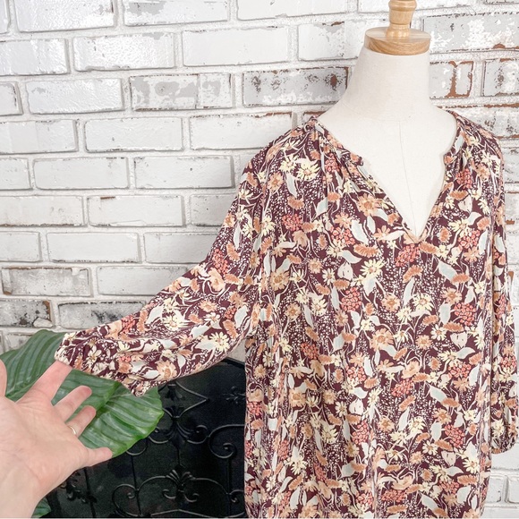 AVA & VIV Burgundy Tan Yellow Pink Floral Boho Flowy 3/4 Sleeve V-neck 1X - Picture 3 of 9